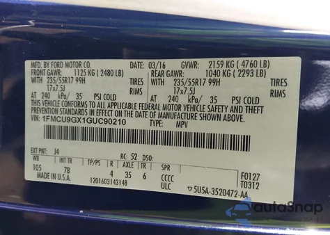 2016 Ford Escape Se z USA, uszkodzony, nr VIN 1FMCU9GX1GUC90210